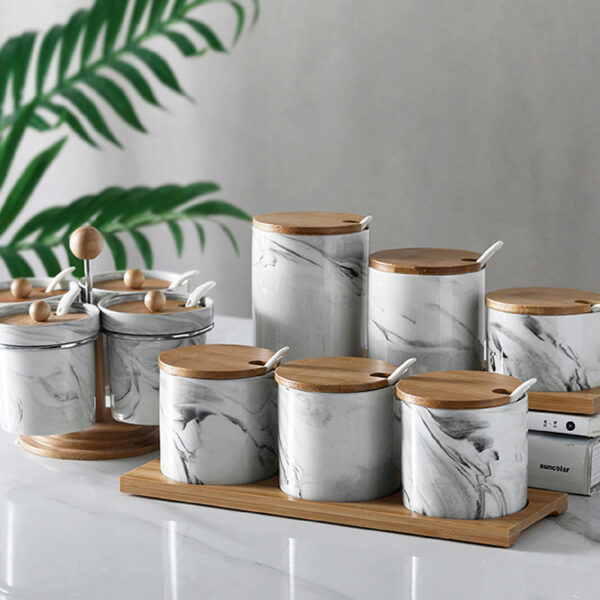 Marble jars with wooden lid